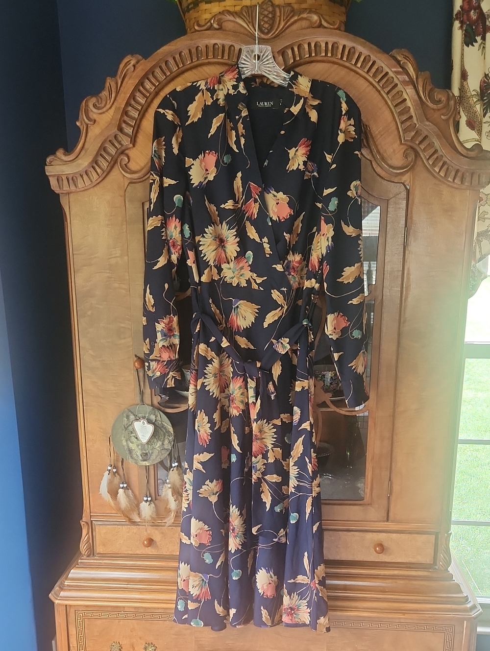 Lauren Ralph Lauren Navy Floral Surplice Crepe Midi Dress Size 8